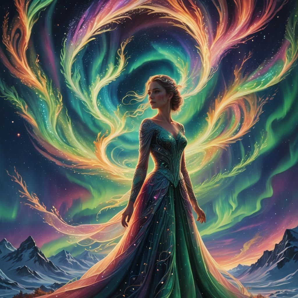 Woman in Gown Under Northern Lights, Matte Painting