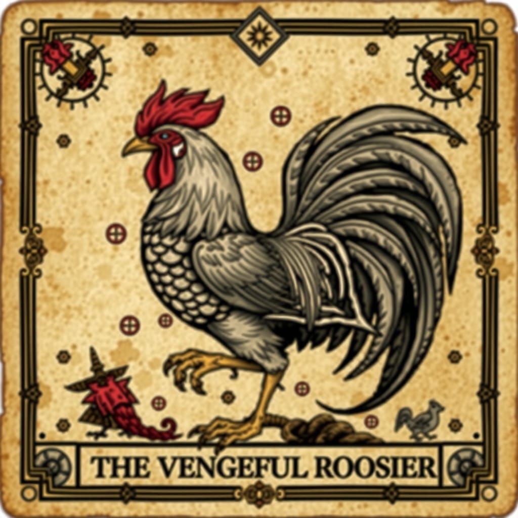 an ancient tarot card titled "The Vengeful Rooster,"