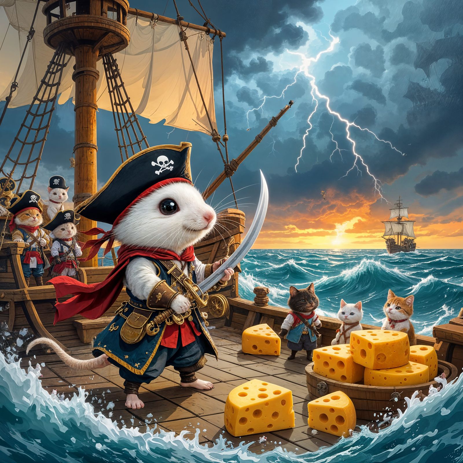 Mouse Pirate Captain on Ship in Stormy Seas