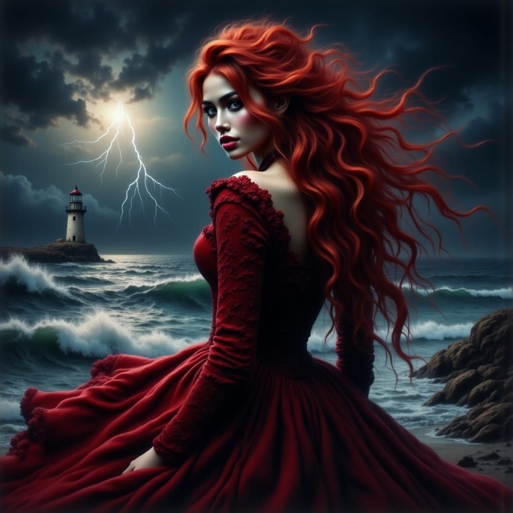Red-Haired Woman in Victorian Dress by Stormy Ocean