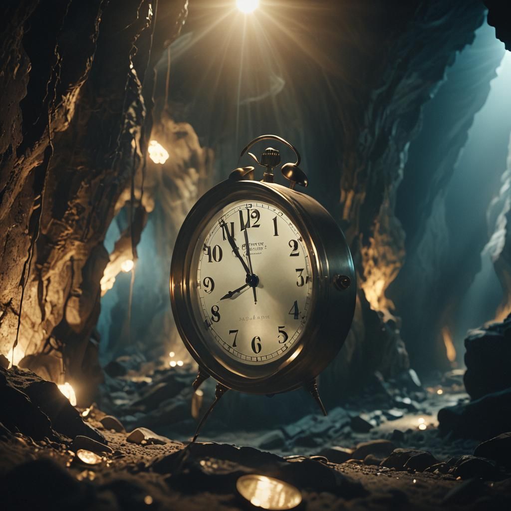 Cinematic Clock in a Dimly Lit Cave