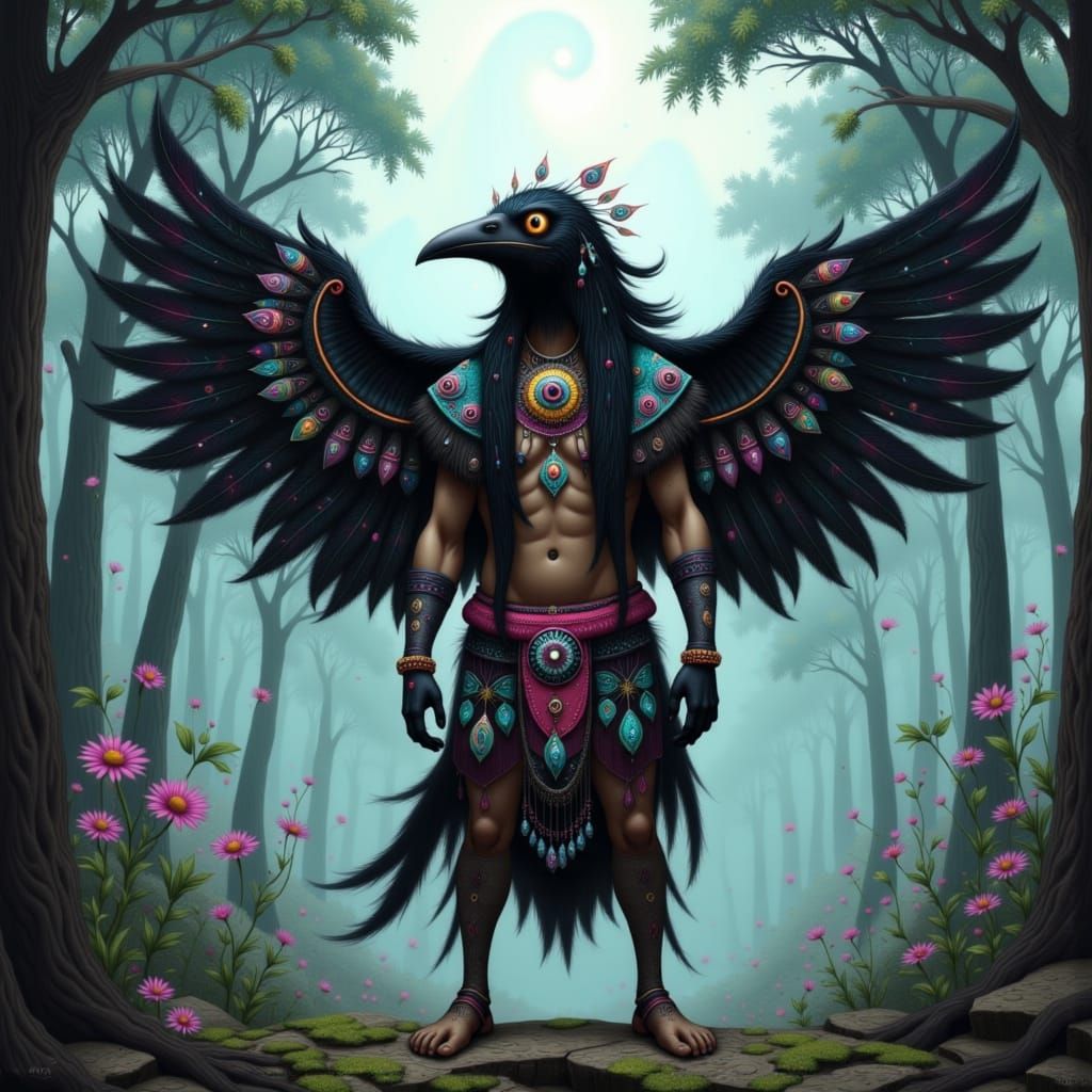 Crow in Tribal Regalia in Misty Forest