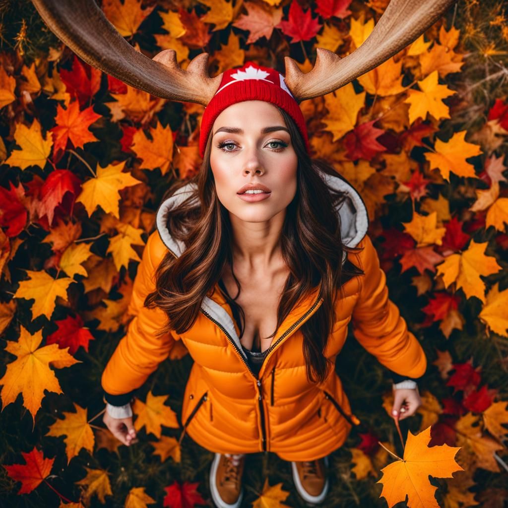 Whimsical Canadian Girl with Moose Antlers