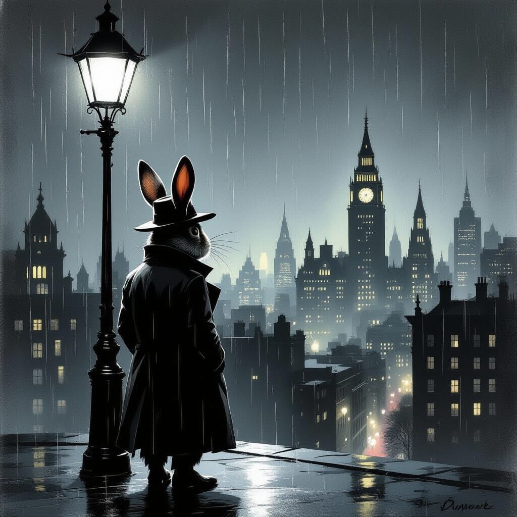 Noir Rabbit Gazes at Opulent Cityscape Under Streetlamp