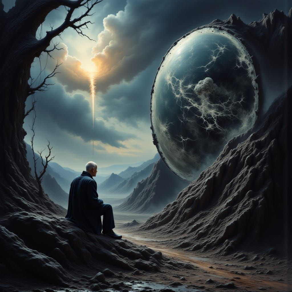 Old Man Gazes into Cracked Mirror Post-Apocalypse