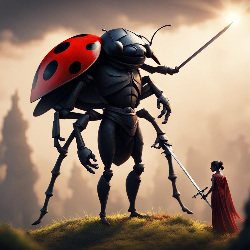 Earth-Sized Ladybug Casts Shadow on Tiny Swordsman