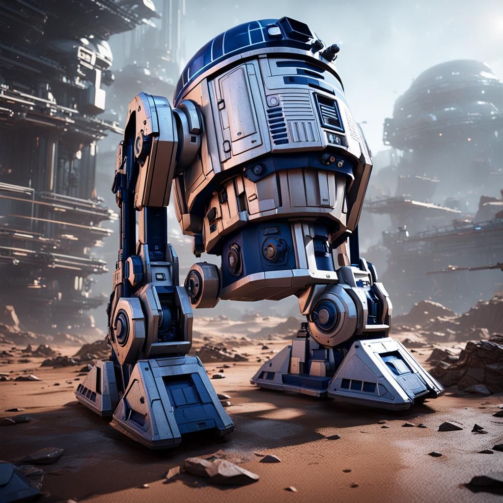 R2-D2 Battlemech Rendered in Futuristic Sci-Fi Style
