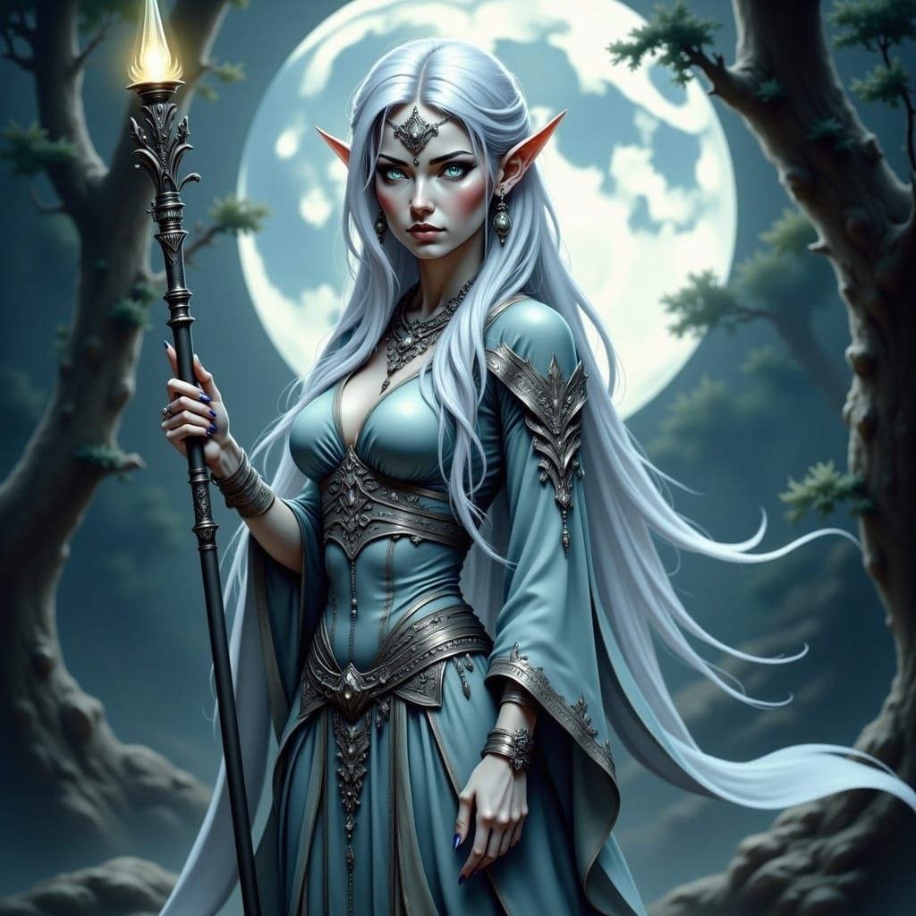 Enchanting Elf Sorceress in Moonlit Forest