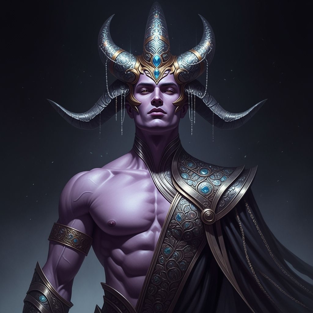 Ornate Horned Man with Purple Skin, Mystical Realism