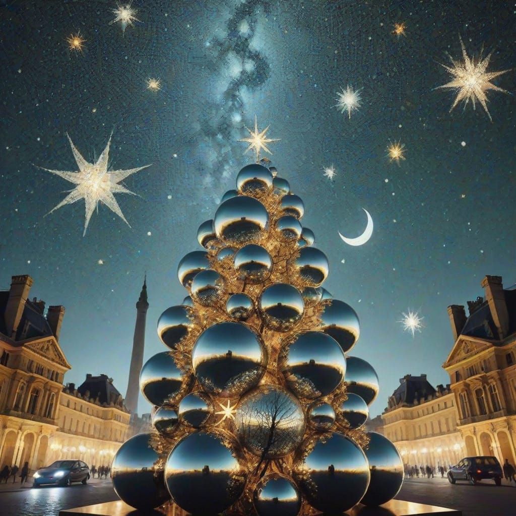 Surreal Winter Forest under Starry Sky with Glittering Silve...