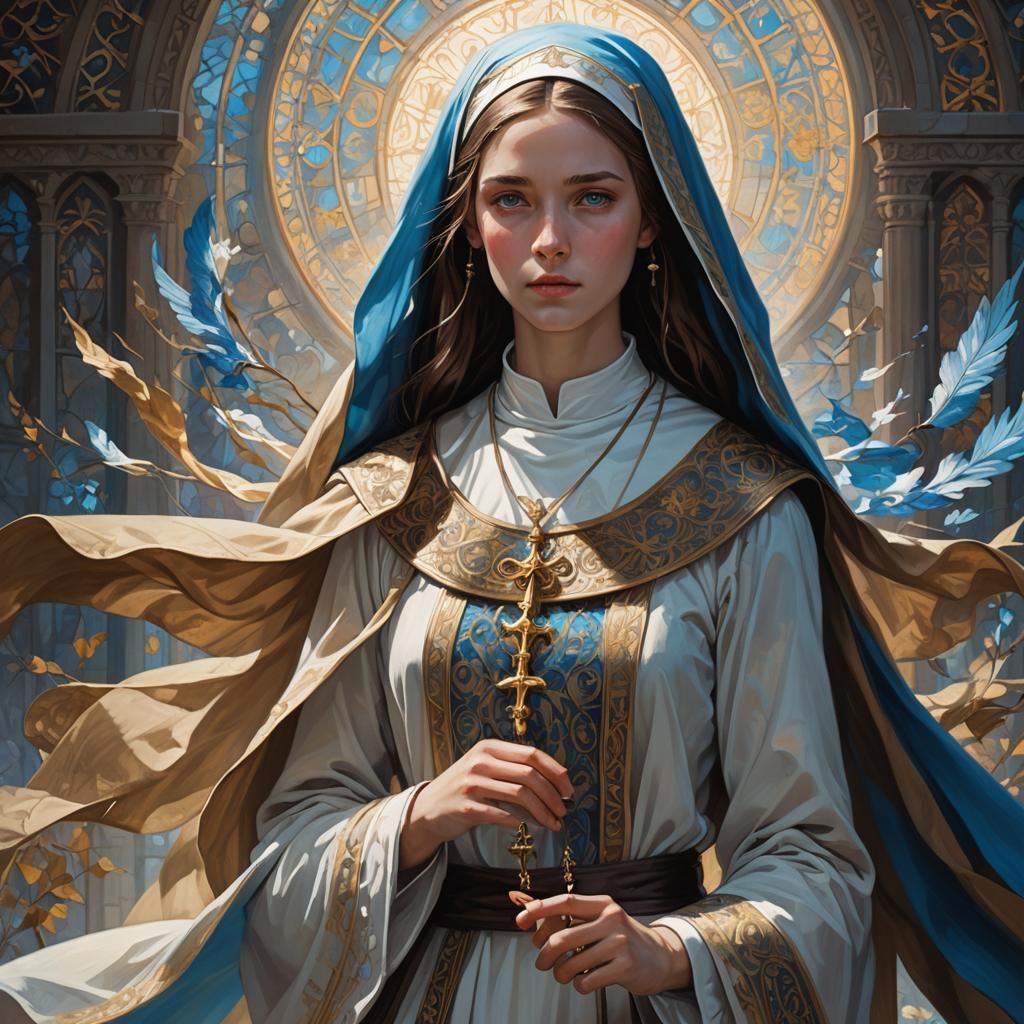 Fantasy Nun with Blue Eyes in Digital Matte Painting