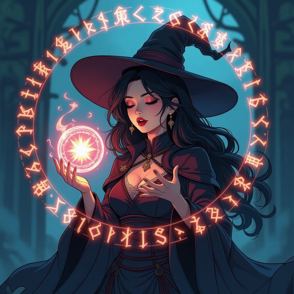 Gothic Witch Sings Powerful Magic Spell in Comic Style