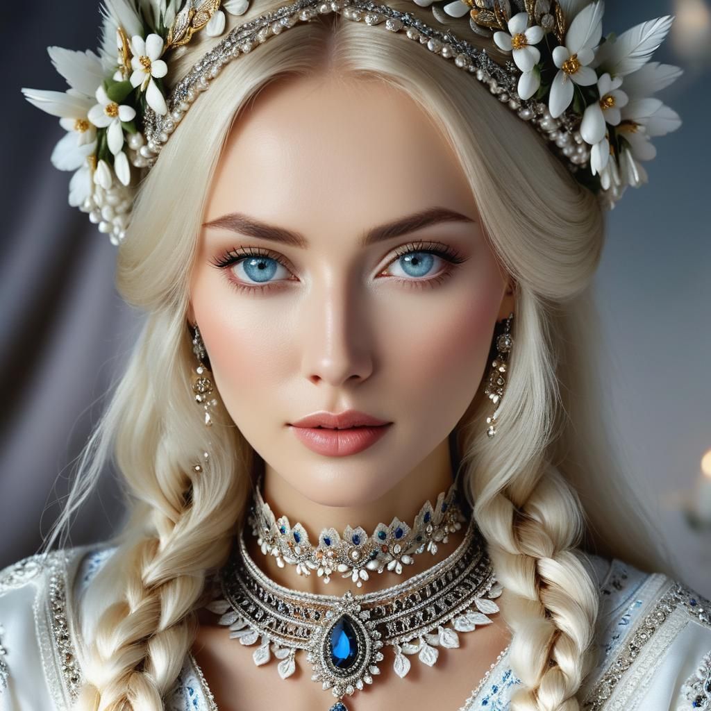 Serene Portrait of a Russian Beauty in Traditional Slavic Dr...