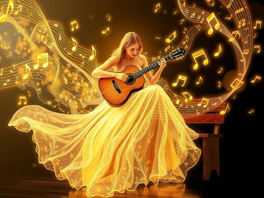Woman in Music Note Gown Plays Guitar
