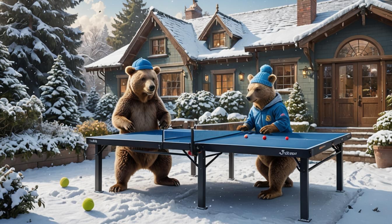 Bear vs Kangaroo Table Tennis Match at Sunset