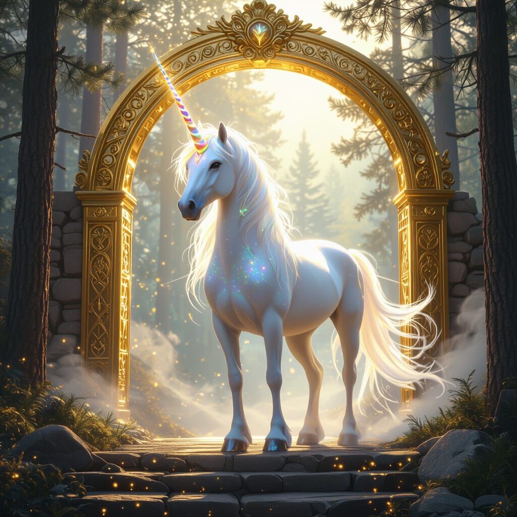 Unicorn at Golden Portal: 3D Fantasy Art