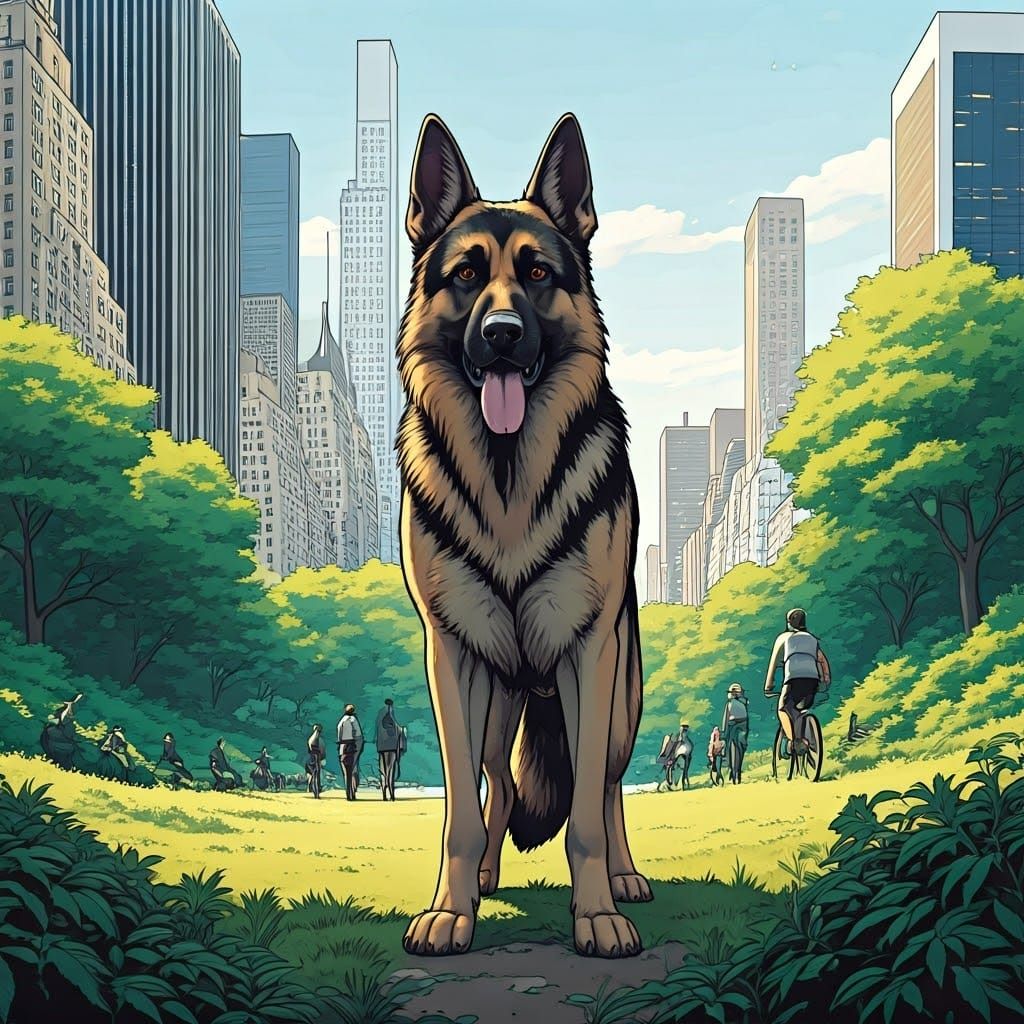German Shepherd in Central Park: Comic Book Style