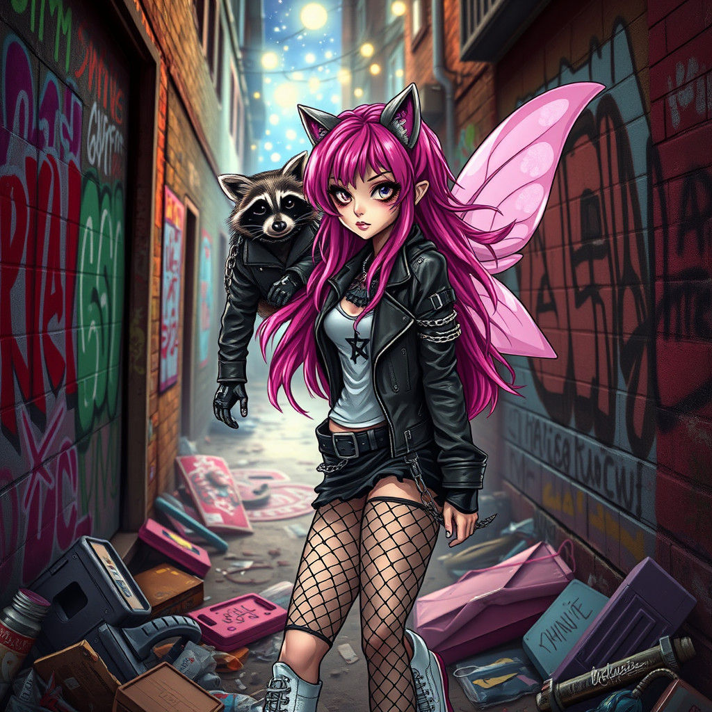Punk Fairy Princess with Raccoon in Urban Setting