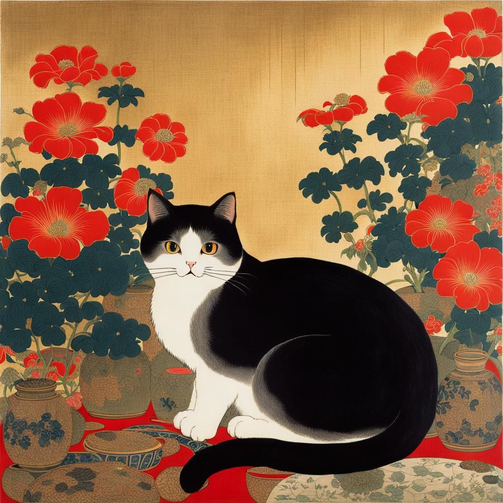 Cat Surrounded by Flowers in Japanese Painting Style