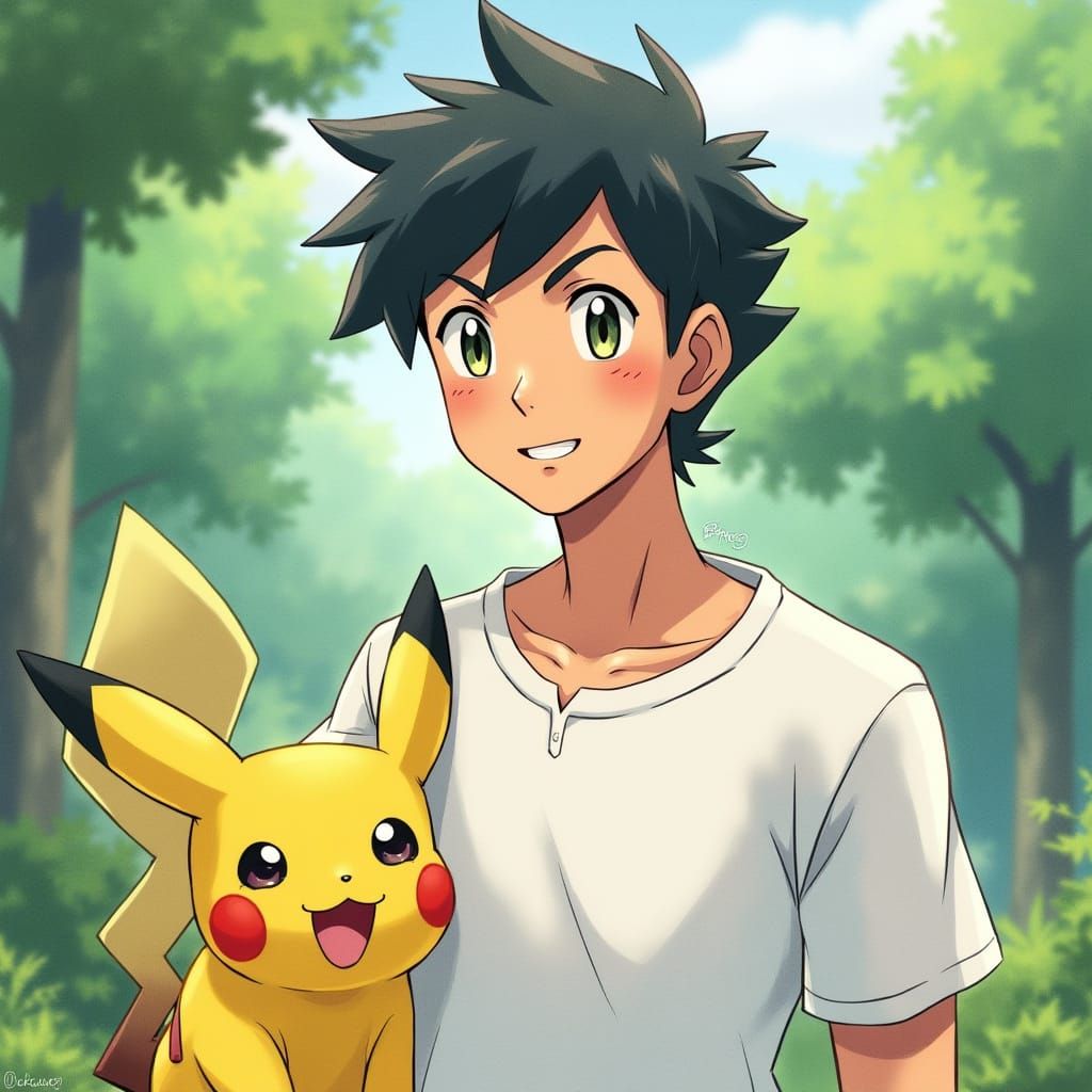 Pokemon Trainer and Pikachu in Vibrant Digital Painting