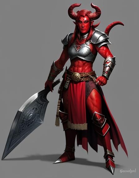 Armored Red-Skinned Tiefling Barbarian Full Body Image