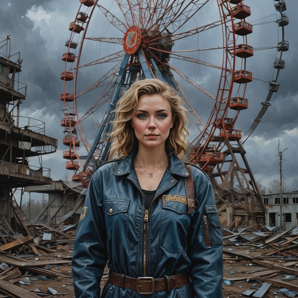 Adventurer in Chernobyl Ruins: Detailed Acrylic Painting