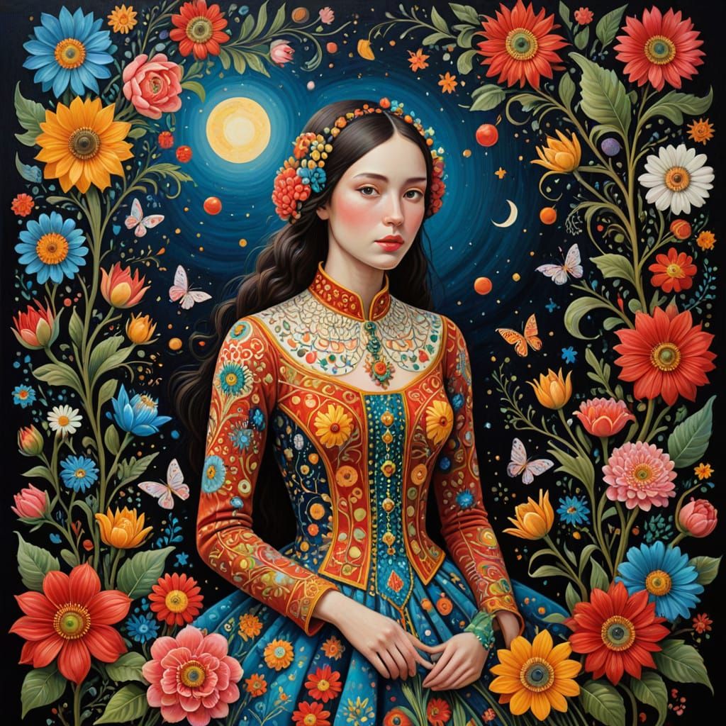 Vibrant Folk Art Scene in Golden Light