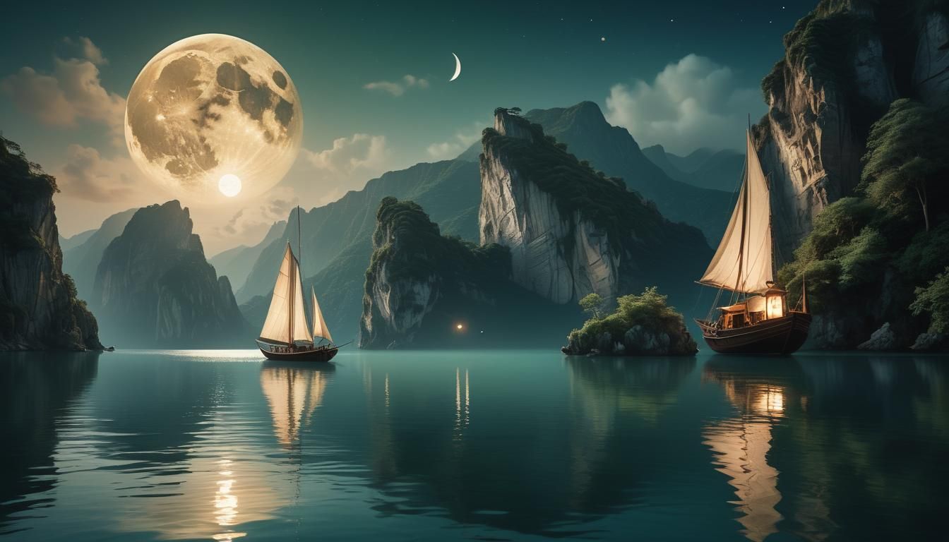 Sailboat on Calm Water Under Moonlight