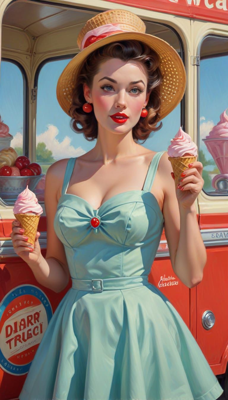 Retro Ice Cream Queen Portrait in Pastel Colors