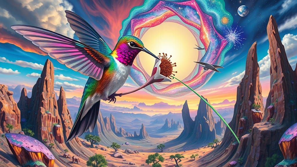 Vibrant Hummingbird in a Dreamlike, Cubist Landscape