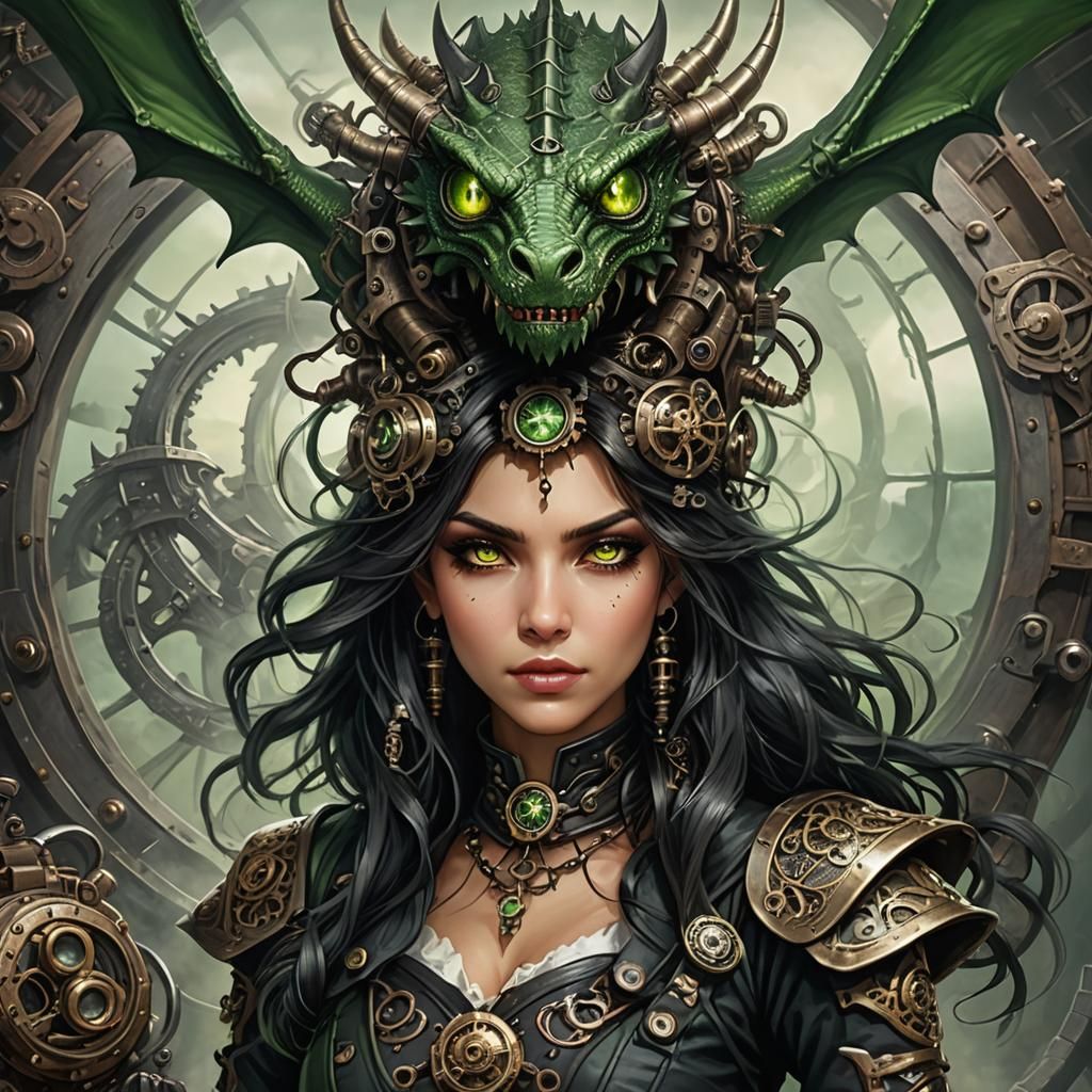 Steampunk Warrior Woman with Dragon