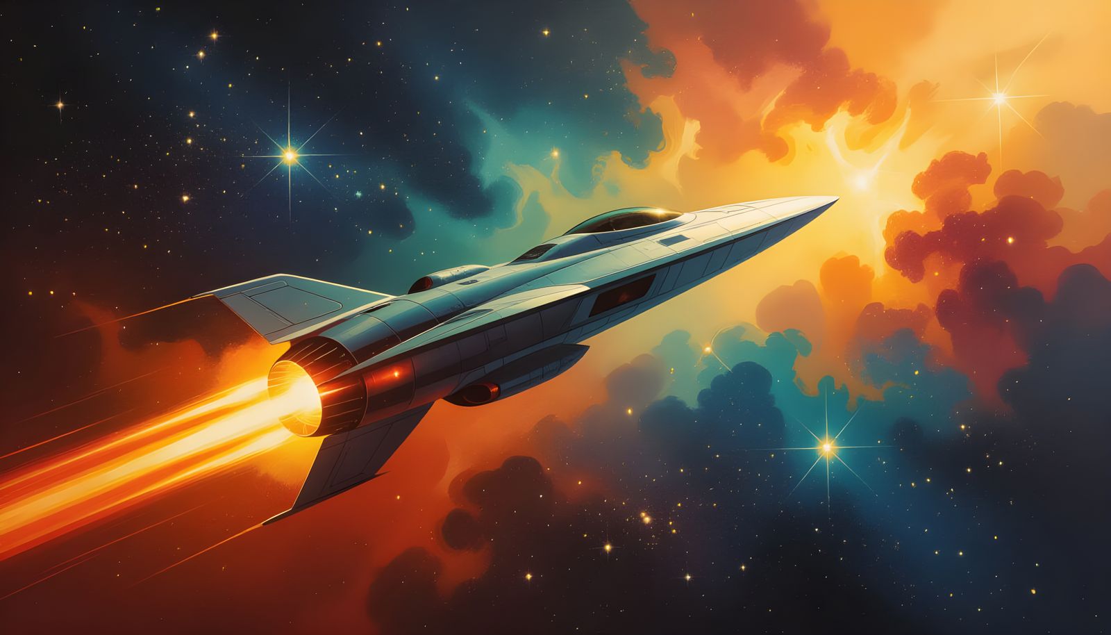 Vibrant Oil Painting of a Fast Spaceship in Colorful Space