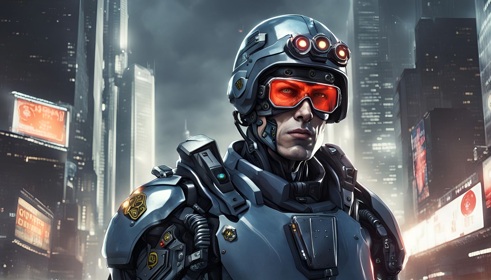 Cyborg Policeman Patrolling City in 2100