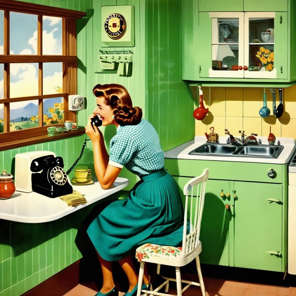 Rotary wall mount telephone in a 1950's kitchen, mother talk...