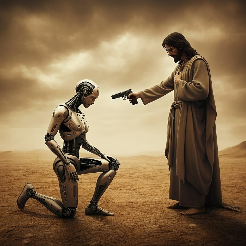 Cyborg's Desperate Surrender in a Futuristic Desert