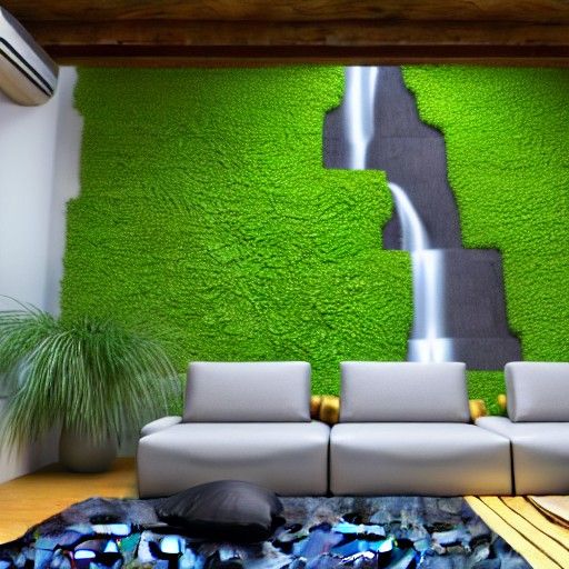 Luxurious Loft Interior with Waterfall and Pets