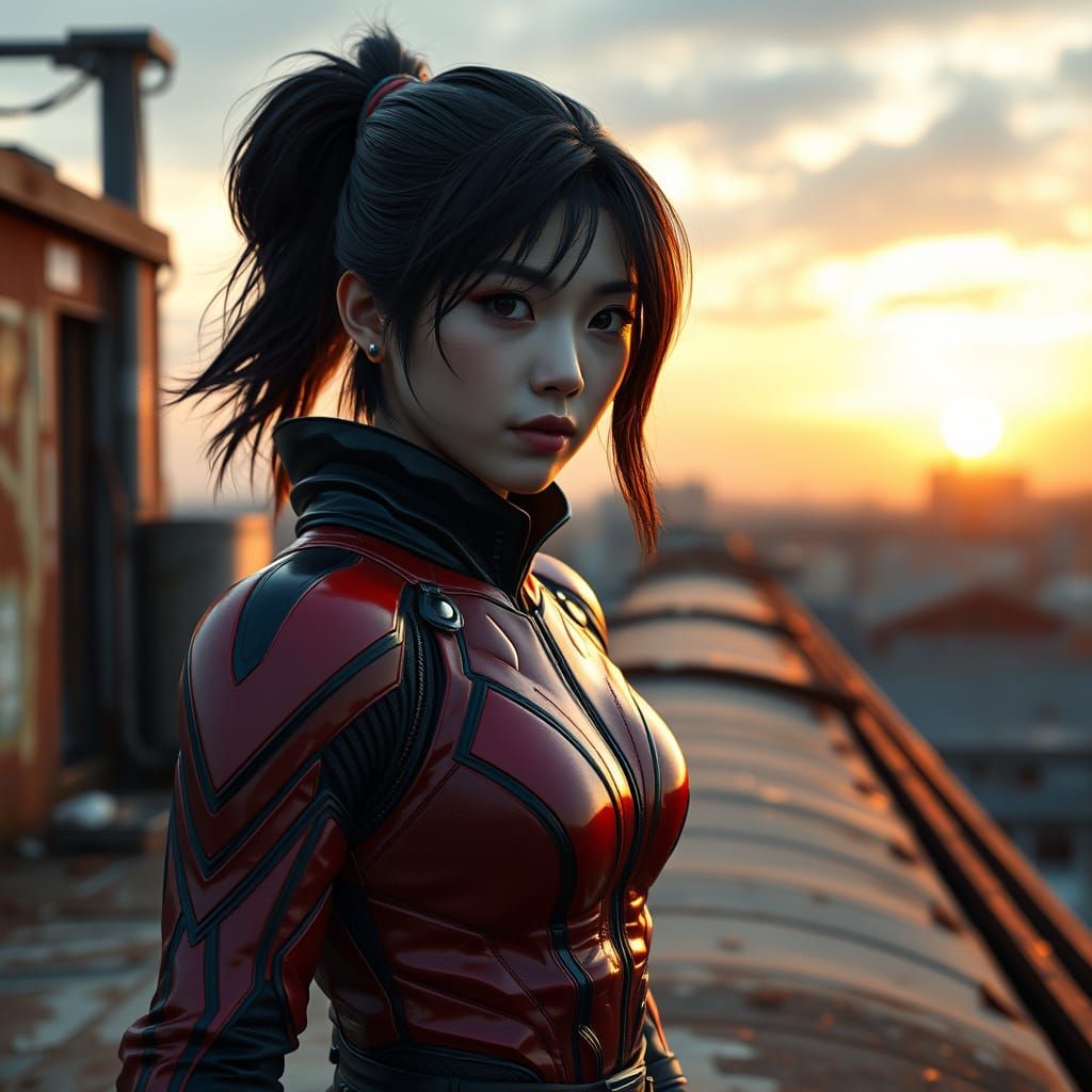 Japanese Superheroine Ninja in Sunset Glory