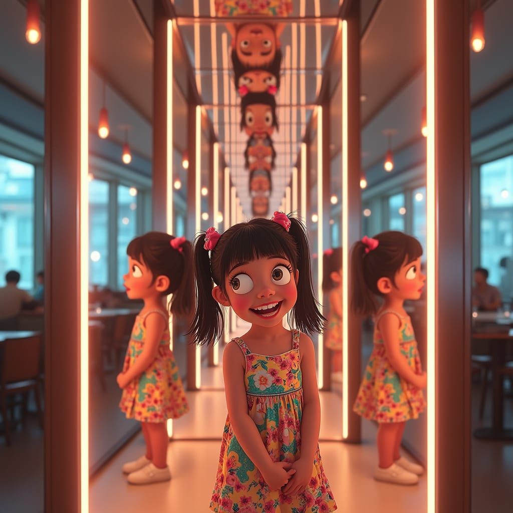 Girl Makes Funny Faces in Infinity Mirror in Trendy Restaura...