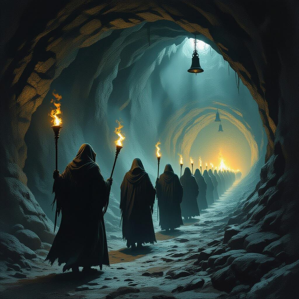 Hooded Figures Descend in Dark Surrealism Style