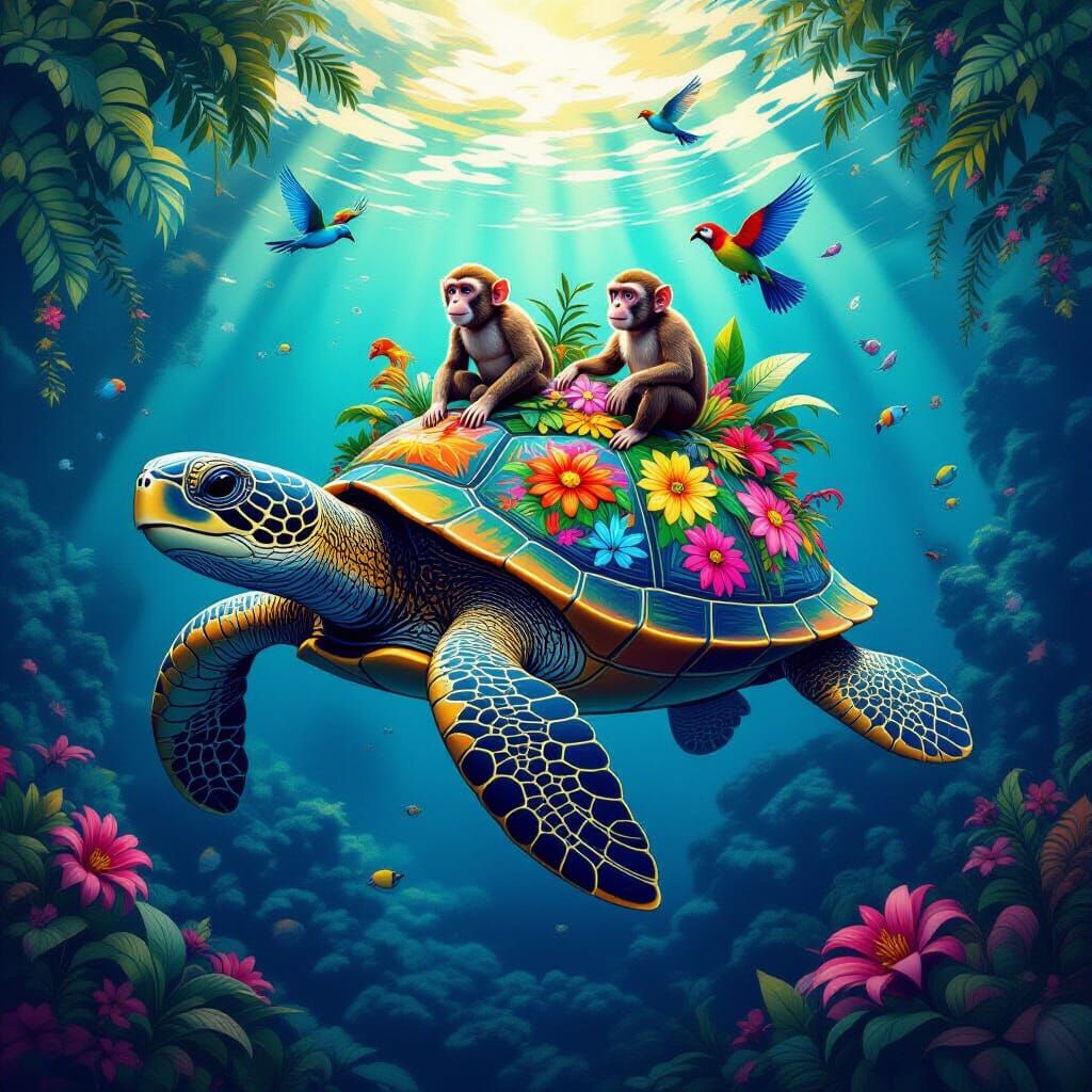 Cosmic Turtle: Jungle Island in Astral Illustration