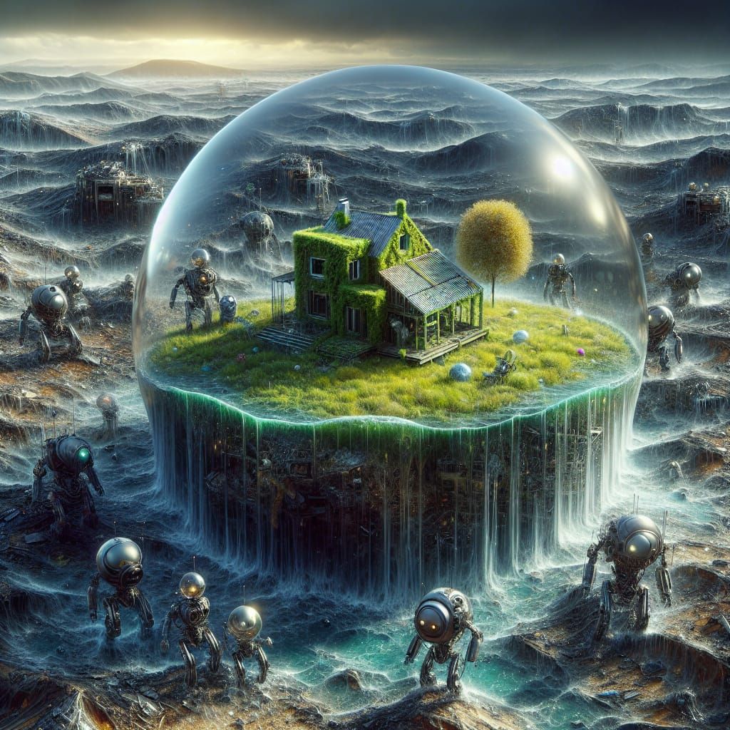 Apocalyptic Robots Clearing Rubble Around Bubbled House