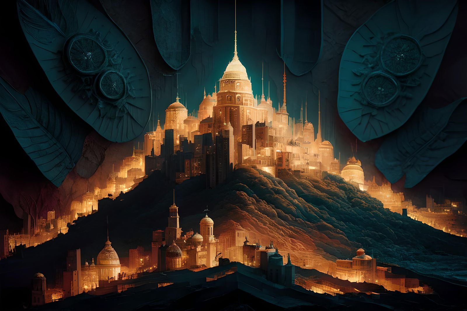 Glowing Metropolis on Hill in Paper Tole Art