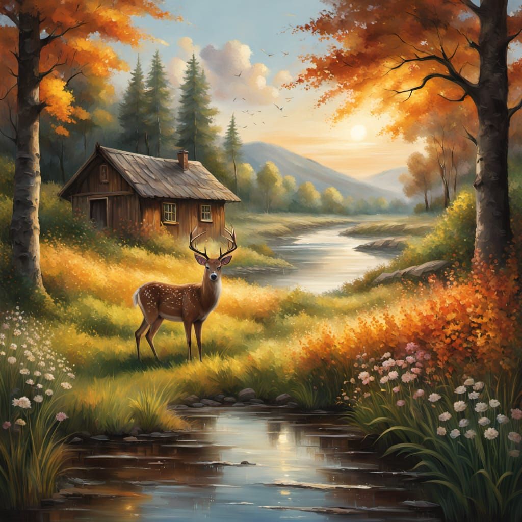 Impressionistic Oil Painting of a Deer by a River