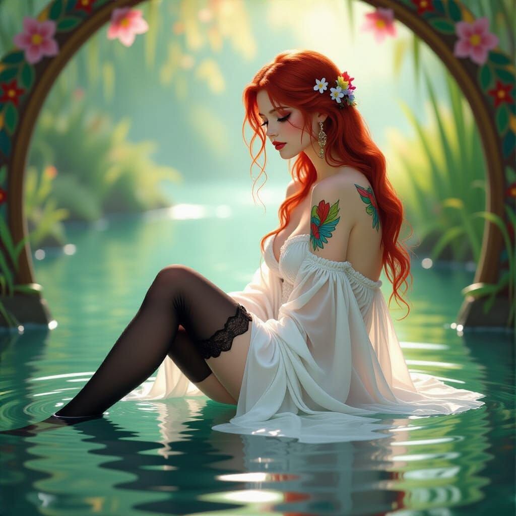 Ethereal Portrait with Tattoos in Art Nouveau Style