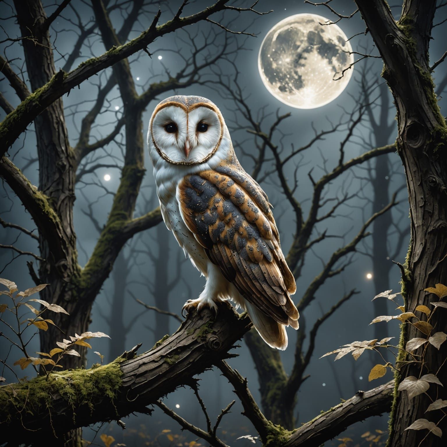 Majestic Barn Owl in Moonlit Glade, Dark Fantasy Realism
