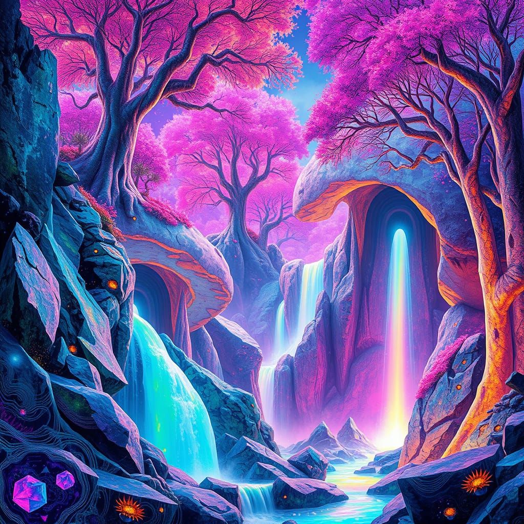 Surreal, Neon-Lit Waterfall Landscape in Vibrant Colors