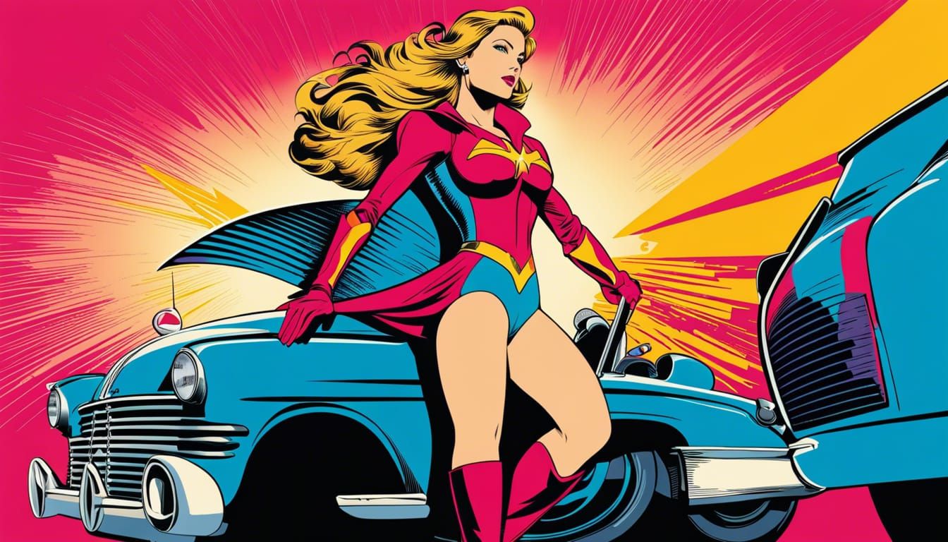 Superheroine Lifts Car: Pop Art in Halftone