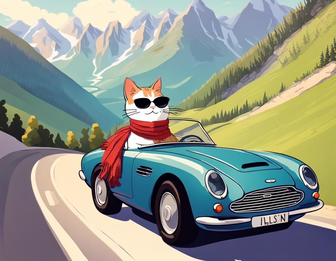 Cat Drives Aston Martin Through Alps, Pixar Style