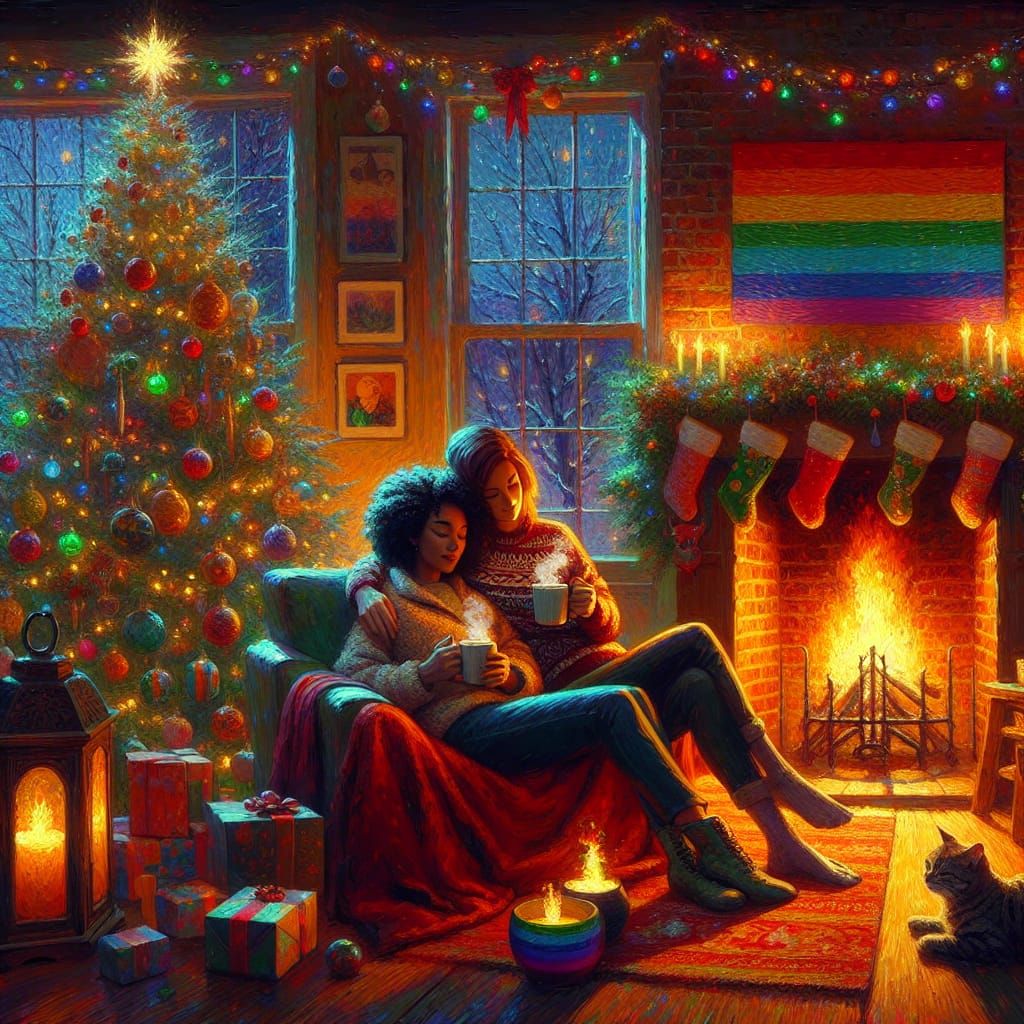 Intimate Winter Scene of a Mixed-Race Lesbian Couple