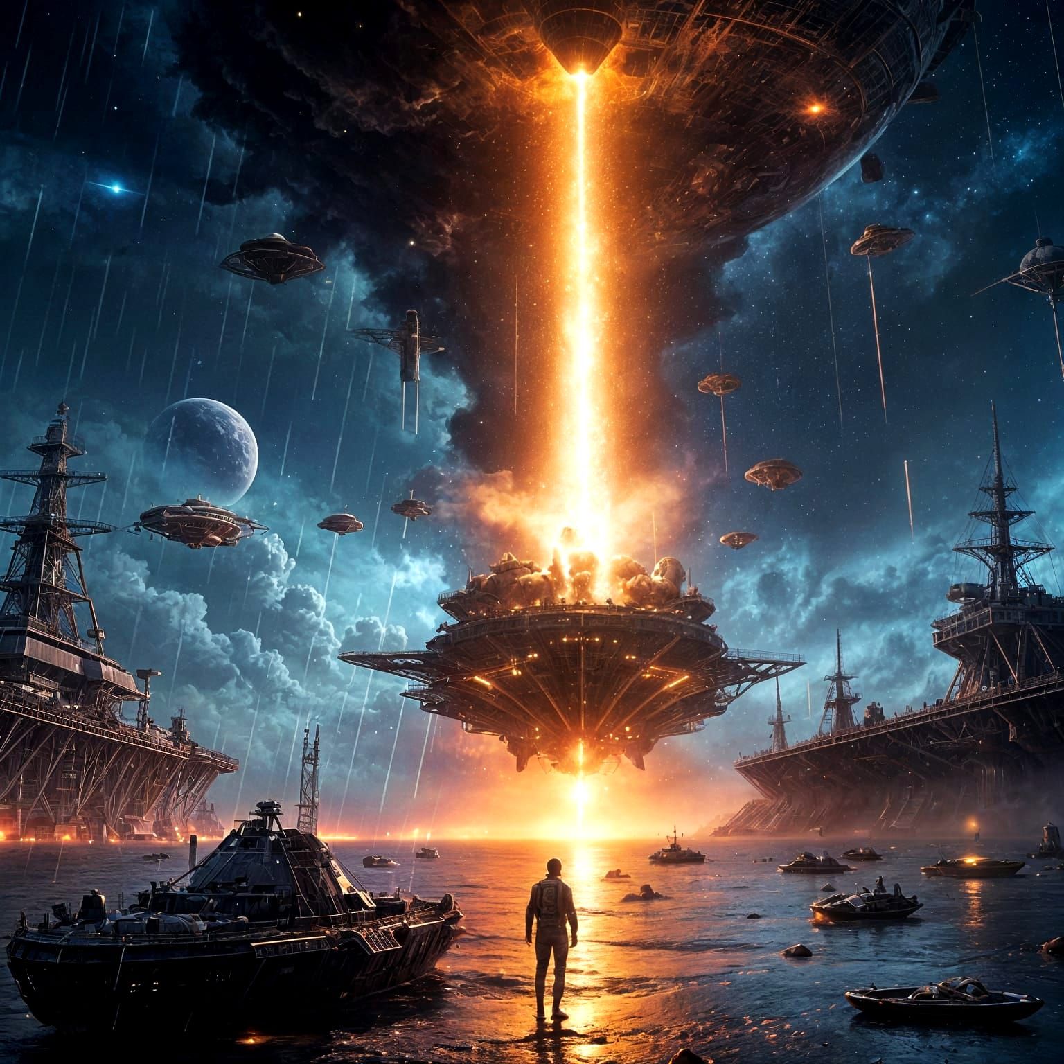 Cosmic Space Battle Near Orion in Holographic Style